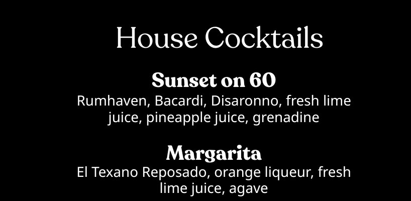 A house cocktail menu featuring client serves